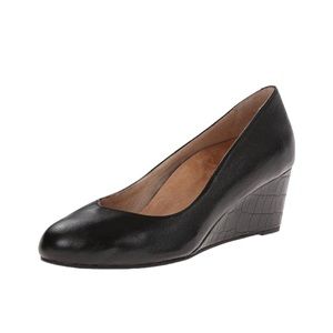 Vionic Antonia Womens Black Leather Wedge Heels